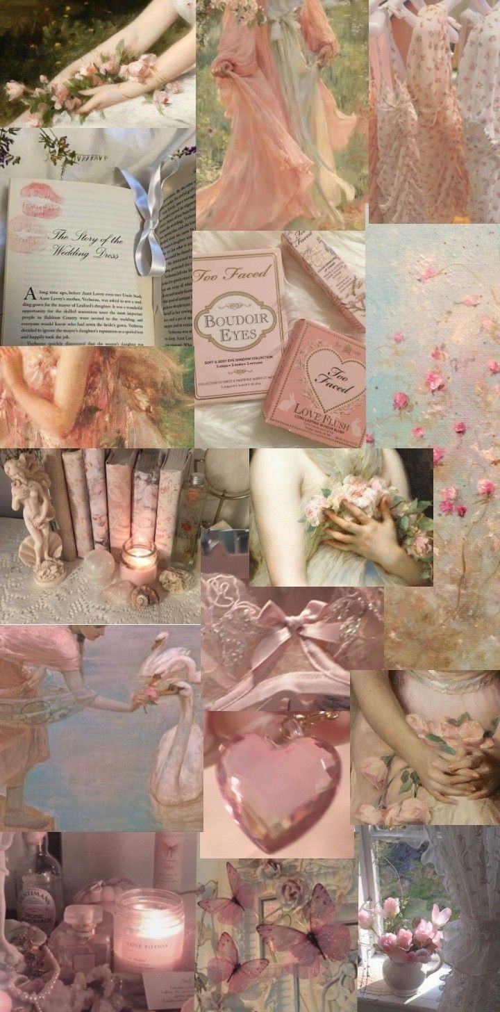 a collage of pink and white images with flowers, candles, books, and other items