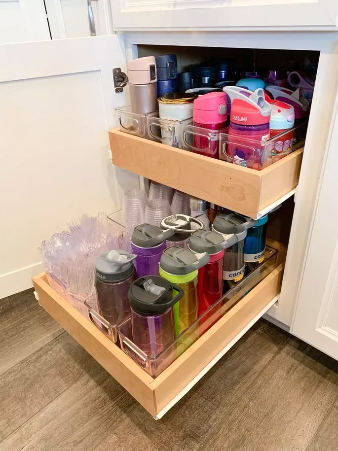 an organized kitchen cabinet filled with bottles and containers for cleaning products in the bottom drawer