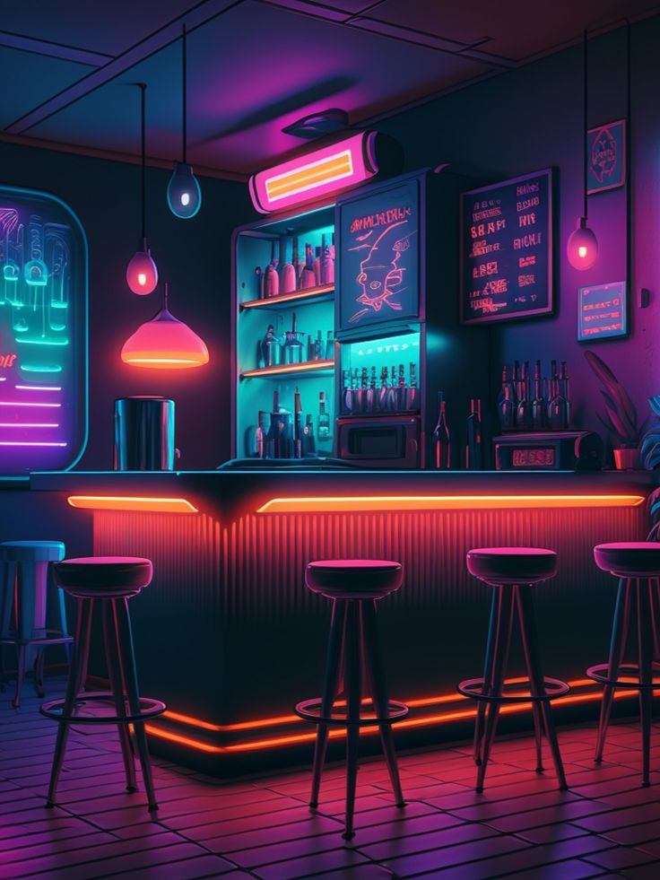 a bar with neon lights and stools