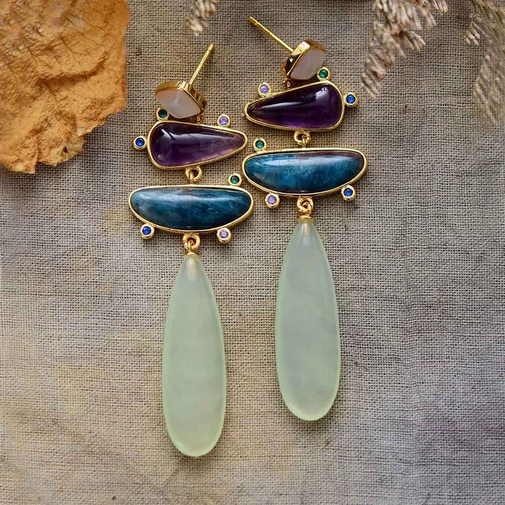 Goddess Chandelier Earrings Increase Intelligence, Bohemian Beauty, Treasure Jewelry, Jade Crystal, Tear Drop Earrings, Amethyst Gold, Iris Flowers, Spiritual Wisdom, Stone Gold