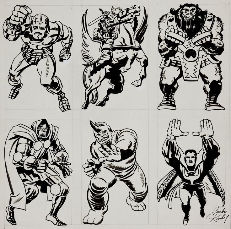 four black and white drawings of different types of sports characters, one with an arm raised in the air