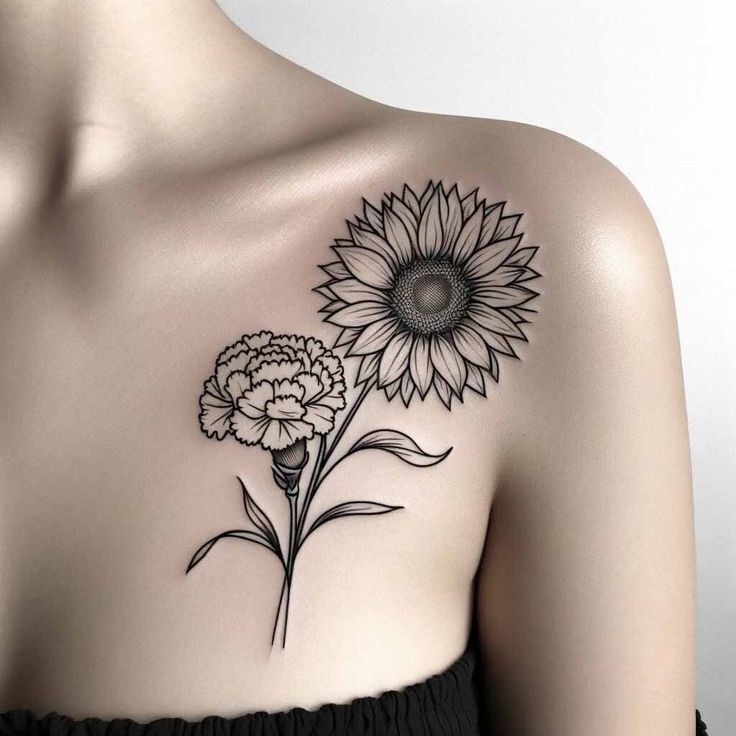 a sunflower tattoo on the back of a woman's shoulder, with flowers in it