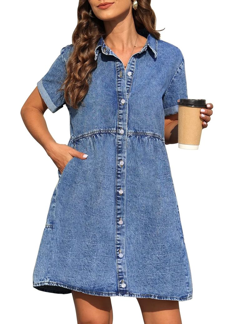 PRICES MAY VARY. Super Cute Version Design: Fashion and trendy A-line short sleeves dress with pockets, high-waisted, above knee-length, lapel collar, 2 handy side pockets, front button-down jean dress with back-tiered design. The flowy swing hem of the denim casual dresses makes you like a cute and playful elf. Lapel Collar Denim Dress Fashion Idea: Casual Denim dresses for women come with a babydoll style and high waistline design, giving a relaxed fitting and helping you hide your tummy. Tier Mode Prints, Denim Outfits, Blue Dress Women, Denim On Denim, Denim Patterns, Jacket Outfit, Denim Shirt Dress, Midi Shirt Dress, Dress Medium