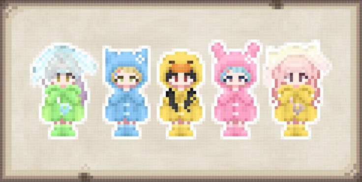 four pixel characters are standing in different outfits, one is wearing bunny ears and the other has