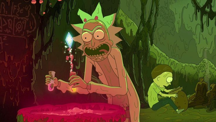 rick and mort in the woods holding a candle