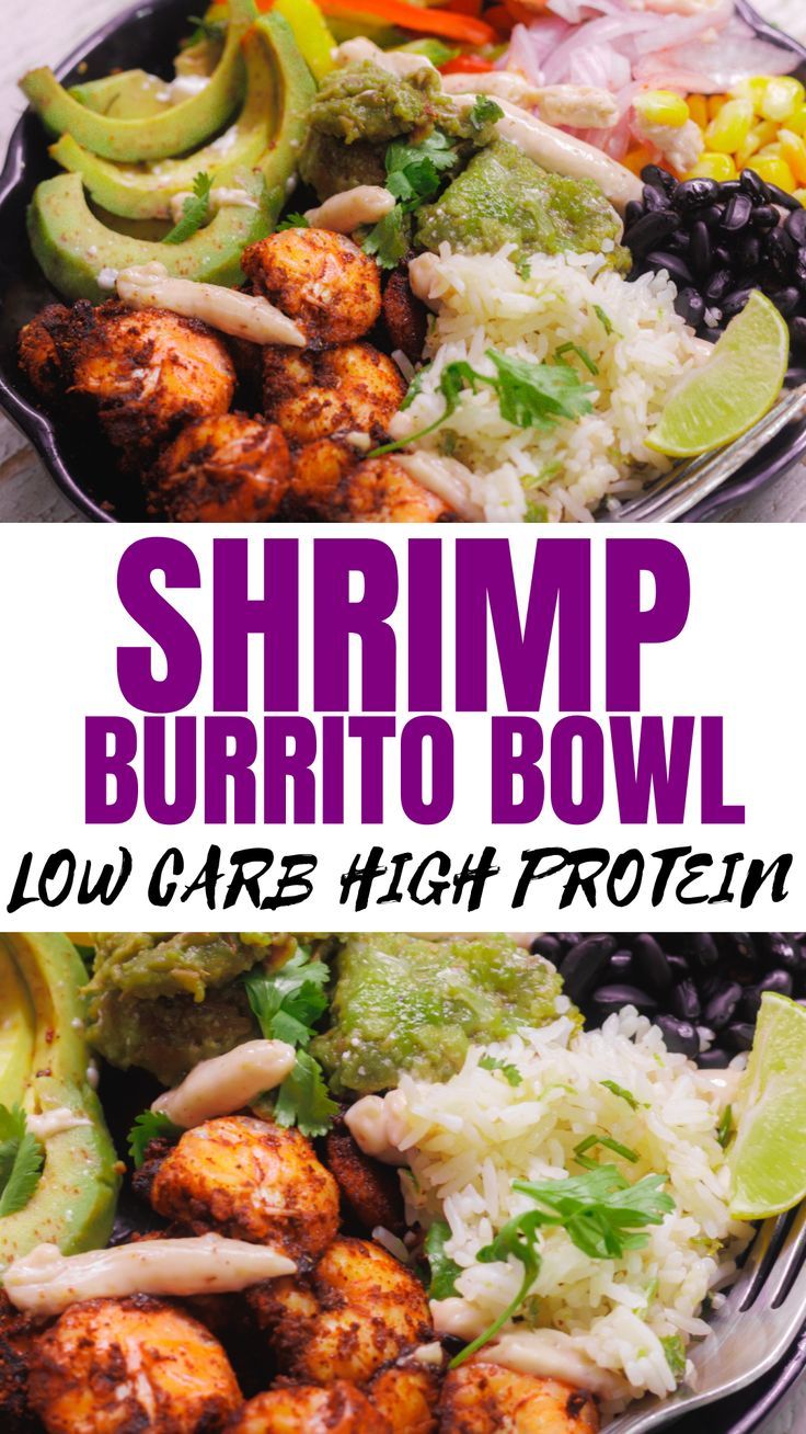 Low Carb High Protein Shrimp Burrito Bowl Mexican Shrimp And Rice, Shrimp Burrito Bowl, Rice Burrito Bowl, Low Carb Keto Dinner, Shrimp Meal Prep, Rice Burrito, Shrimp Burrito, High Protein Lunch Ideas, Low Carb Shrimp Recipes