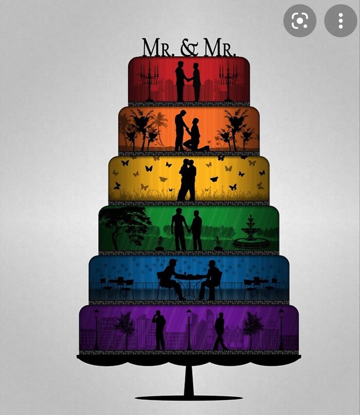 a multi - tiered cake with the silhouettes of people on each layer in different colors