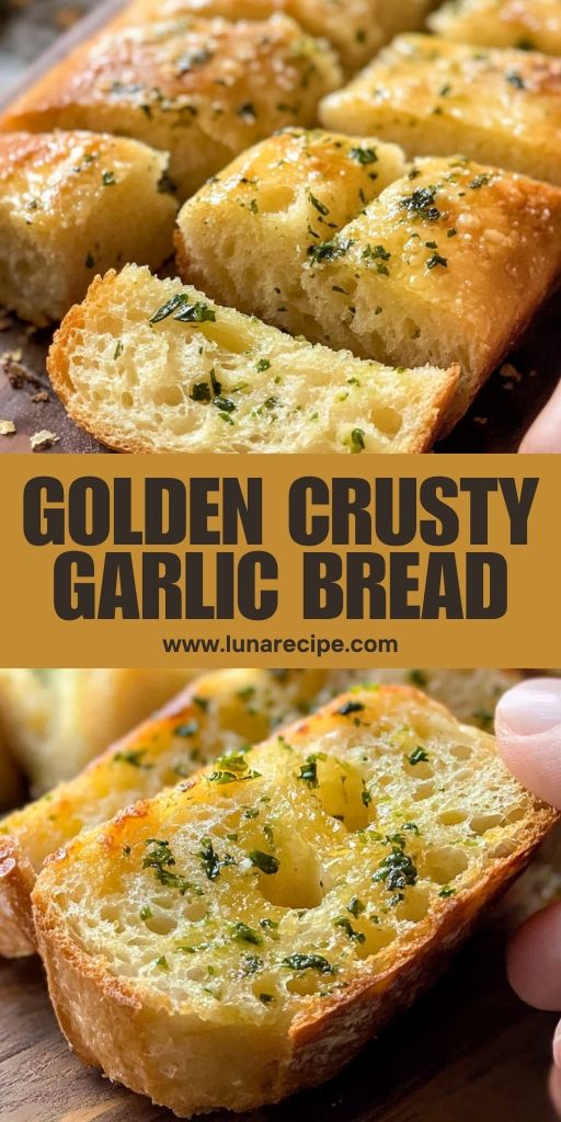 the golden crusty garlic bread is cut in half