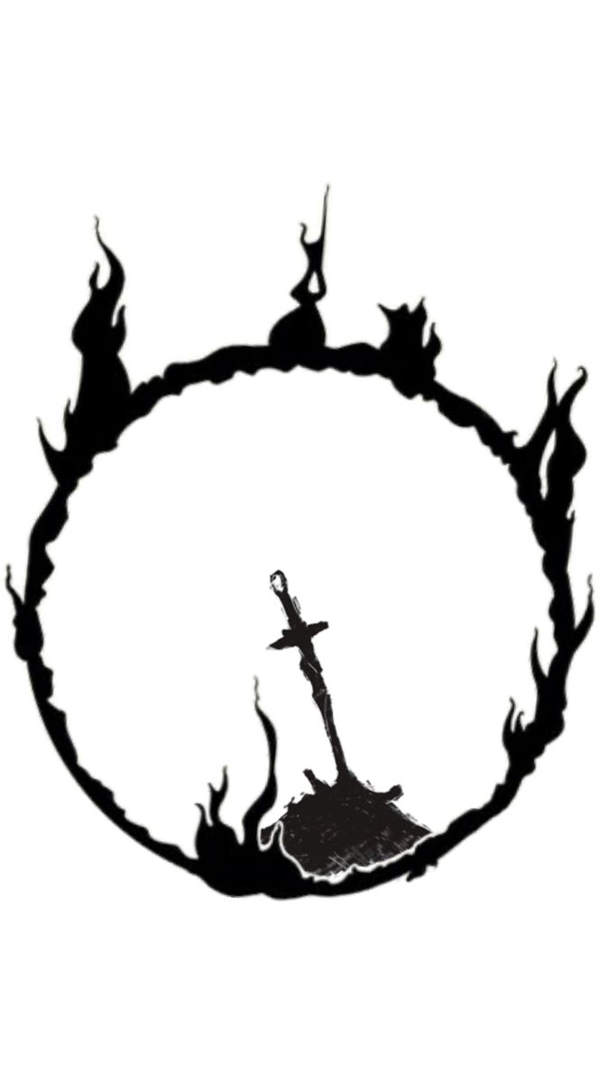 a black and white image of a cross in the middle of a circle with flames