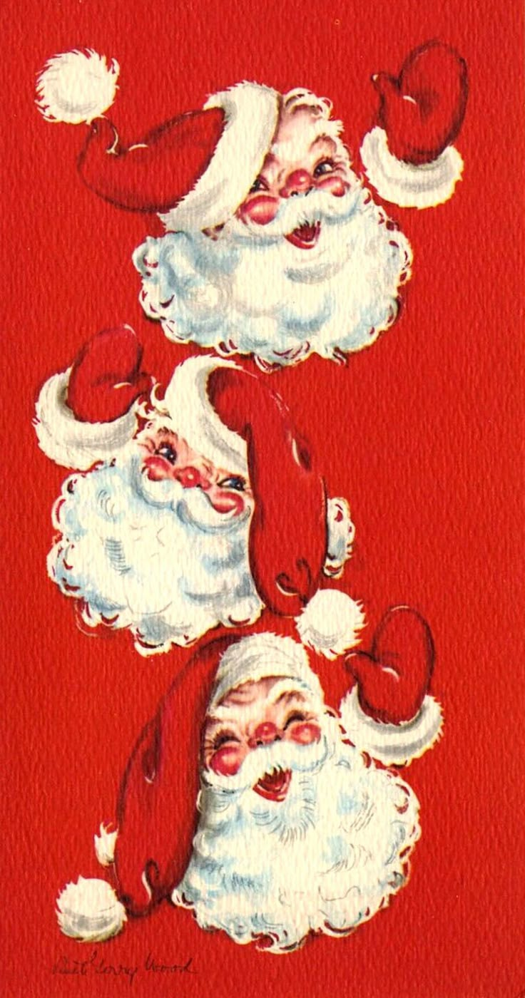 two santa clauss on a red background