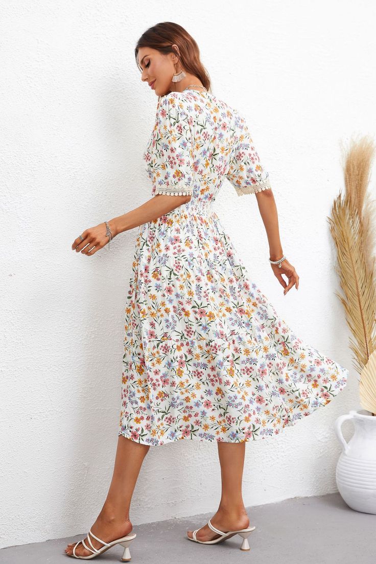 Women Dress Best Short Sleeve Printed Dress – Cloth Arlo Spring Floral Print Maxi V-neck Dress, Floral Print Short Sleeve V-neck Dress For Day Out, Fitted Floral Midi Dress For Vacation, Spring Vintage V-neck Dress For Garden Party, Spring A-line Flowy Midi Dress, Spring Garden Party V-neck Maxi Dress, Casual Spring Midi Dress, Beige A-line Vintage Dress For Spring, Casual Floral Print Maxi V-neck Dress