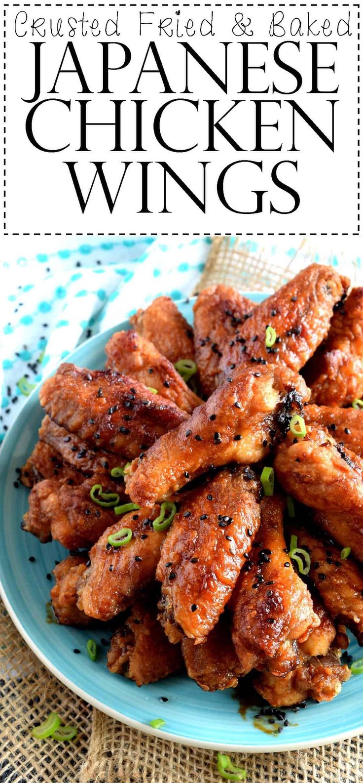 an image of chicken wings on a plate with text overlay that reads, created fried and baked japanese chicken wings