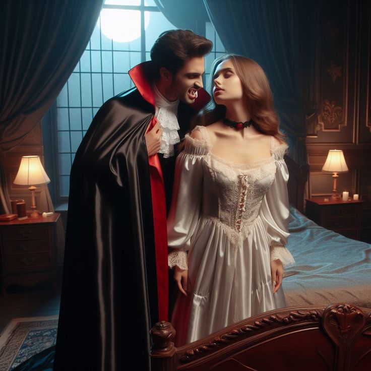 a man and woman standing in front of a bed dressed up as dracula and vampire