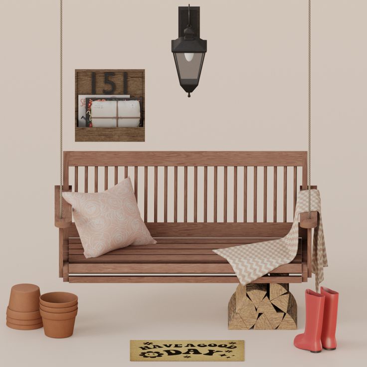 a wooden bench sitting next to two vases and a lamp hanging from the ceiling