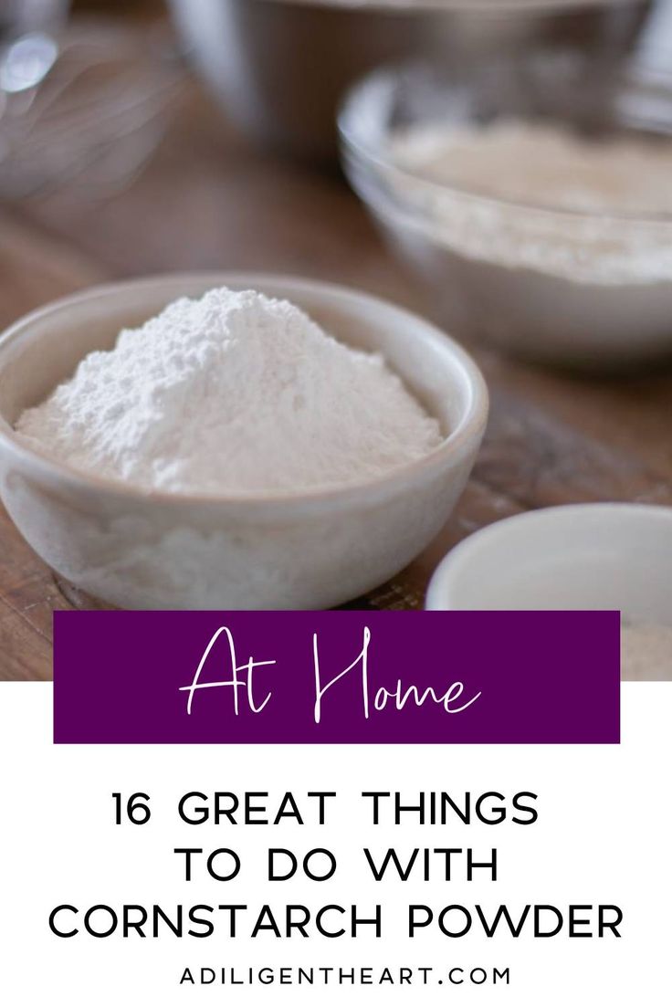 some white powder in bowls on a wooden table with the words at home 16 great things to do with cornstarch powder