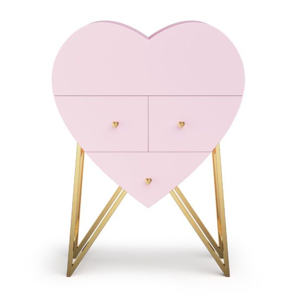 a pink heart shaped chest with two drawers and gold legs on an isolated white background