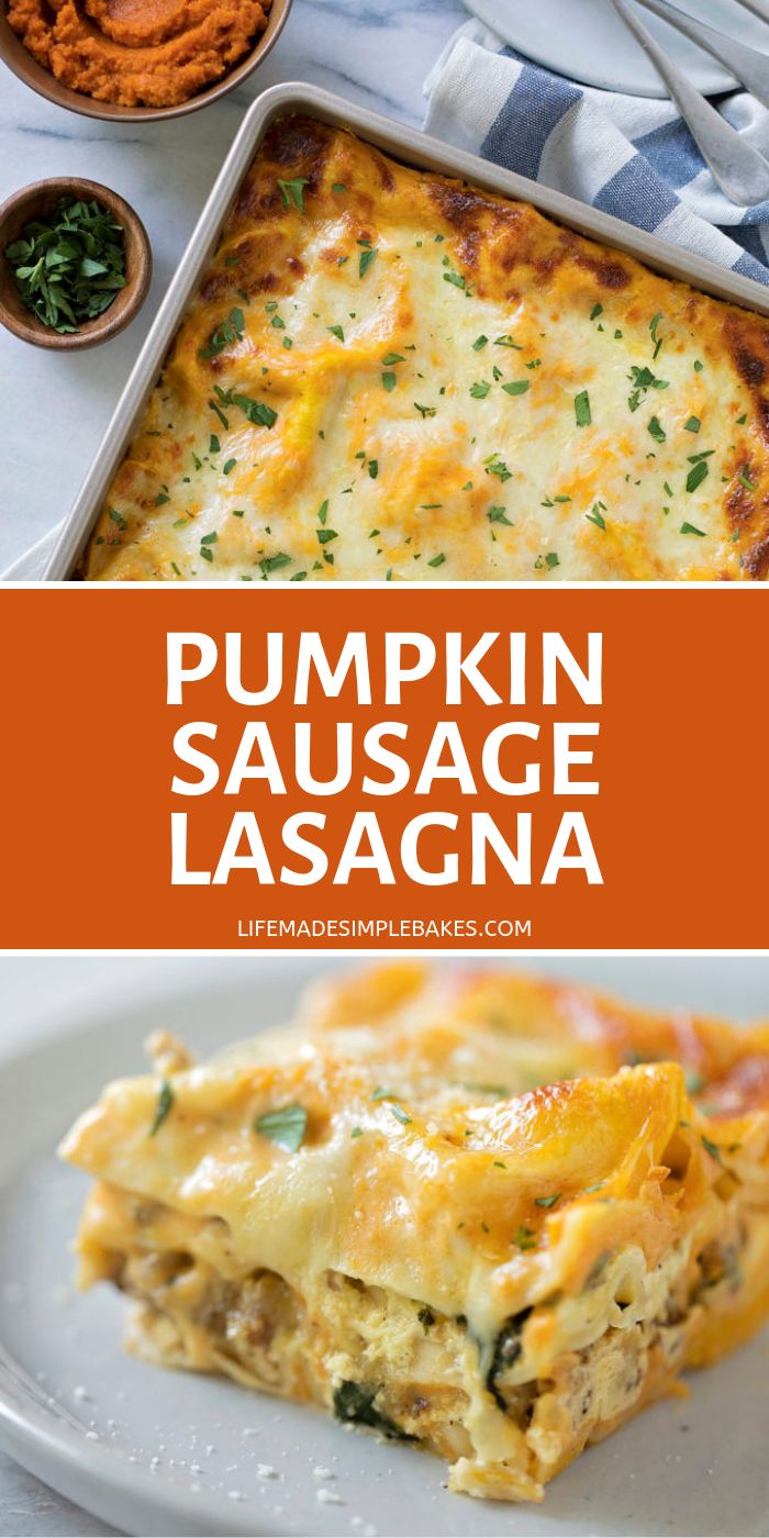 pumpkin sausage lasagna on a white plate