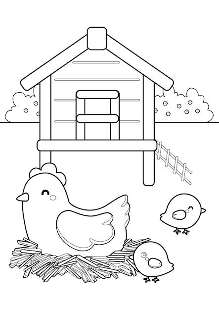 a chicken and her chicks in front of a birdhouse coloring pages for kids, printable