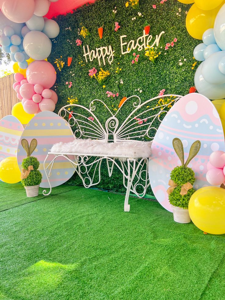 an easter themed party with balloons and decorations