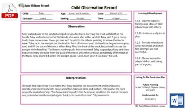 a child's information sheet with the words child observation record in red and white