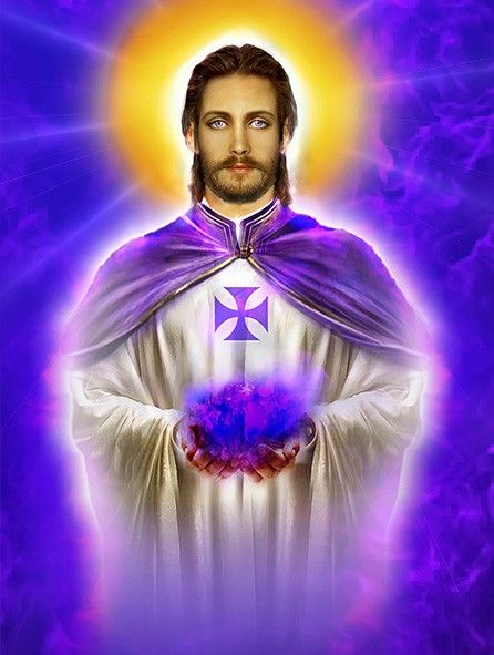 the image of jesus holding his hands in front of purple and blue background with light coming from above