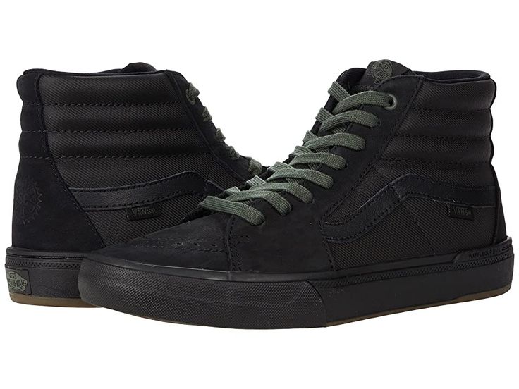 Vans BMX Sk8-Hi(r) - Men's Shoes : (Scotty Cranmer) Black/Thyme Leather : Classic style and upgraded performance combine in the Vans BMX Sk8-Hi sneaker. Lightweight and comfortable. Padded collar. Lace up style. Cushioned insole. Breathable materials. Leather and textile upper. Textile lining and insole. Rubber outsole. Imported. Measurements: Weight: 1 lb Shaft: 2 1 2 in Product measurements were taken using size 9, width D - Medium. Please note that measurements may vary by size. Weight of foo Urban Breathable Skate Shoes For Outdoor, Urban Skate Shoes With Laces For Outdoor, Streetwear High-top Sneakers With Boost Midsole, Vans Skate Shoes With Boost Midsole For Streetwear, Urban Sneakers With Cushioned Footbed For Skateboarding, Mid-top Synthetic Sneakers For Outdoor Activities, Functional Round Toe Skate Shoes For Outdoor, High-top Tpr Sneakers For Streetwear, Functional Outdoor Skate Shoes With Round Toe