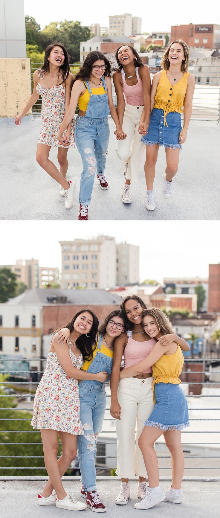 four girls posing for the camera with their arms around each other