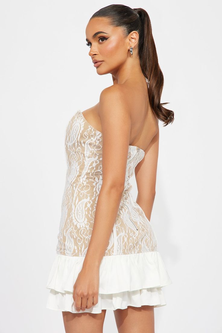 Available In White. Lace Mini Dress Straight Neckline Strapless Corset Waist w/ Boning Ruffle Hem Back Zipper Stretch Length = 32" Self: 85% Nylon 15% Spandex Contrast: 100% Polyester Lining: 100% Polyester Imported | Lost In Lace Mini Dress in White size XL by Fashion Nova White Mini Dress With Built-in Bra For Party, White Stretch Mini Dress With Built-in Bra, White Bandeau Mini Dress For Brunch, White Stretch Bandeau Mini Dress, White Stretch Strapless Dress, White Stretch Dresses With Built-in Bra, White Bandeau Dress For Brunch, Stretch White Dress With Built-in Bra, White Strapless Mini Dress With Built-in Bra