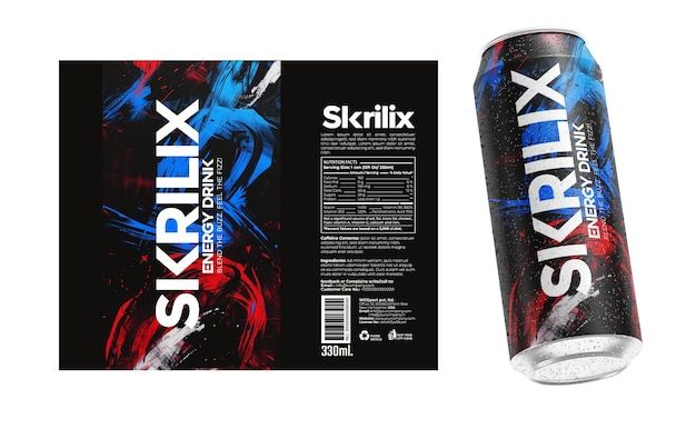 a can of skirkrx energy drink on a white background