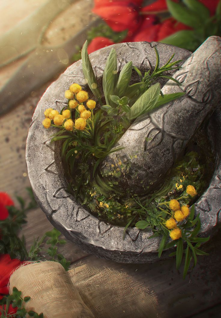 a stone bowl filled with yellow flowers on top of a table