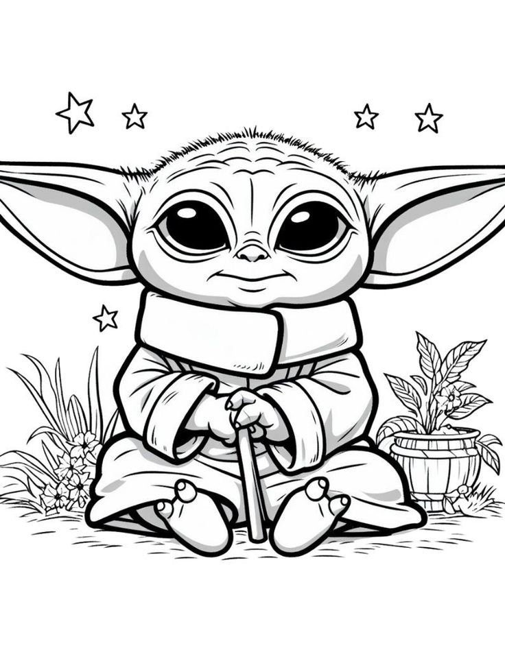 baby yoda sitting on the ground with an umbrella in his hand and stars around it