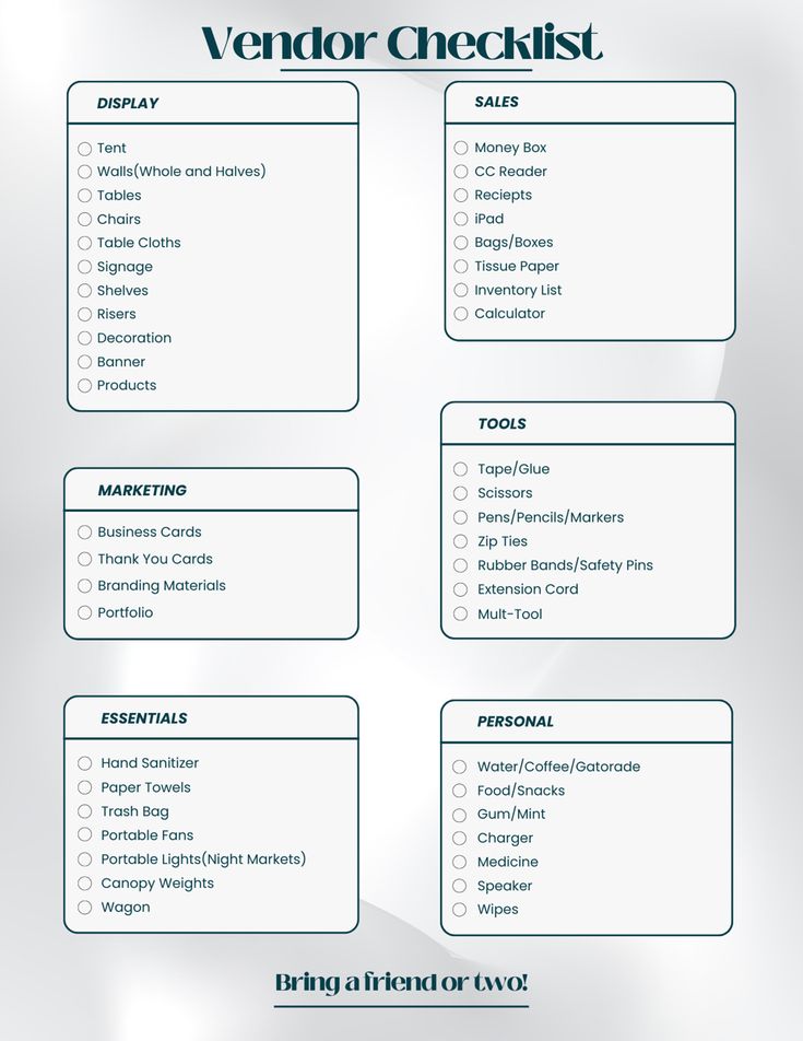 the vendor checklist is shown in blue and white