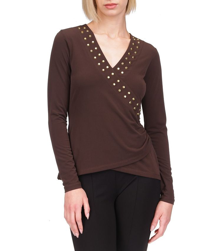 From MICHAEL Michael Kors&#x2C; this top features:Matte jersey fabricationSurplice v-necklineLong sleeves Astor stud detailing FittedPullover constructionApprox. 22.75" front length; 24.75" back length Polyester/elastane Dry clean Imported. Chic Long Sleeve Faux Wrap Top, Fall Surplice Neckline Faux Wrap Blouse, Fall Faux Wrap Blouse With Surplice Neckline, Fall V-neck Faux Wrap Blouse, Fall Faux Wrap V-neck Blouse, Fall Elastane Blouse, Fall Night Out Tops With Surplice Neckline, Fall Night Out Top With Surplice Neckline, Fall Tops With Surplice Neckline For Night Out