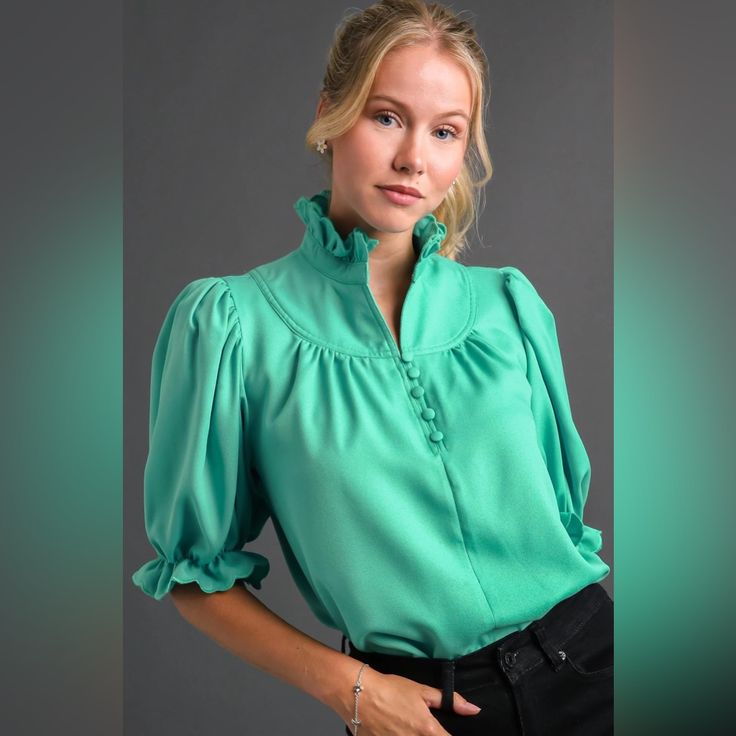 Umgee U.S.A Scalloped High Neck Button Top Brand New With Tags! Size - Medium Retail $60 Color - Jade - I Feel Like The Stock Photos Are Reading More Green When The Color Is A True Teal/Turquoise A Gorgeous And Chic Top With Short, Frilled Sleeves, A High Neck Top With Scalloping Detail, And Top Button Closure Detailing. Chic Green Tops With Button Closure, Fitted Green Blouse With Button Closure, Green Office Tops With Button Closure, Trendy Fitted Blouse With Back Button Closure, Green Spring Tops With Snap Buttons, Green Button Closure Blouse For Office, Chic Spring Tops With Snap Buttons, Green Office Blouse With Button Closure, Trendy Green Blouse With Buttons