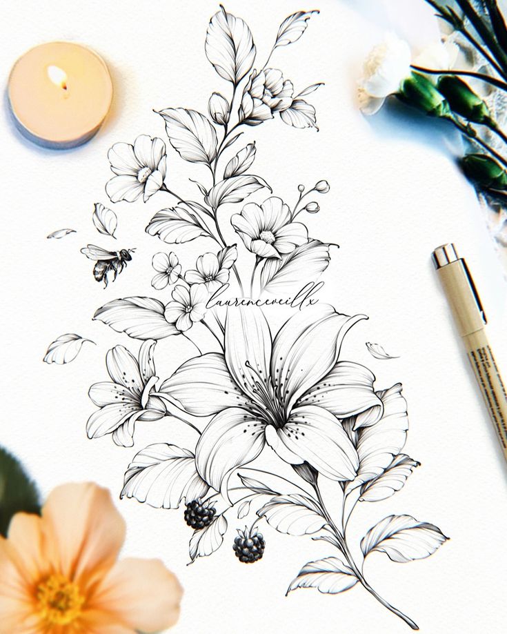 a drawing of some flowers and a candle on top of a white paper with pencils