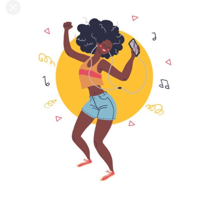 an illustration of a woman dancing with headphones on her ears and holding a cell phone