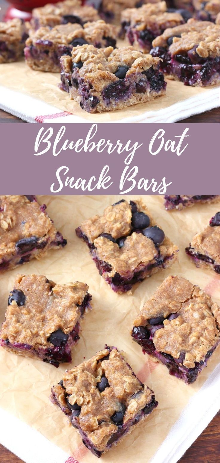 blueberry oat snack bars are stacked on top of each other and ready to be eaten