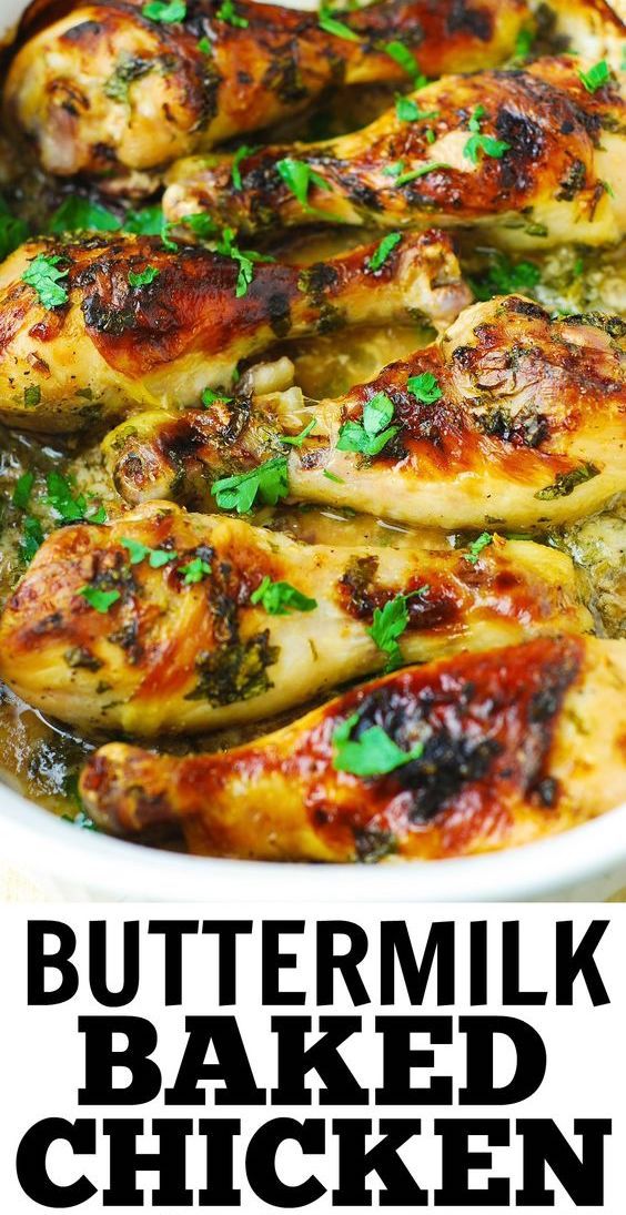 buttermilk baked chicken in a white dish with parsley on top and text overlay