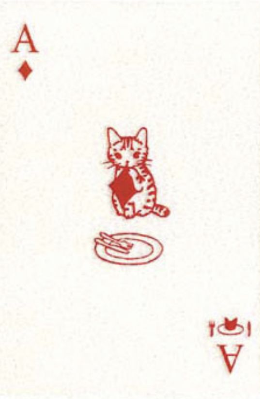 a playing card with a cat sitting on it's back and the words ace written in red