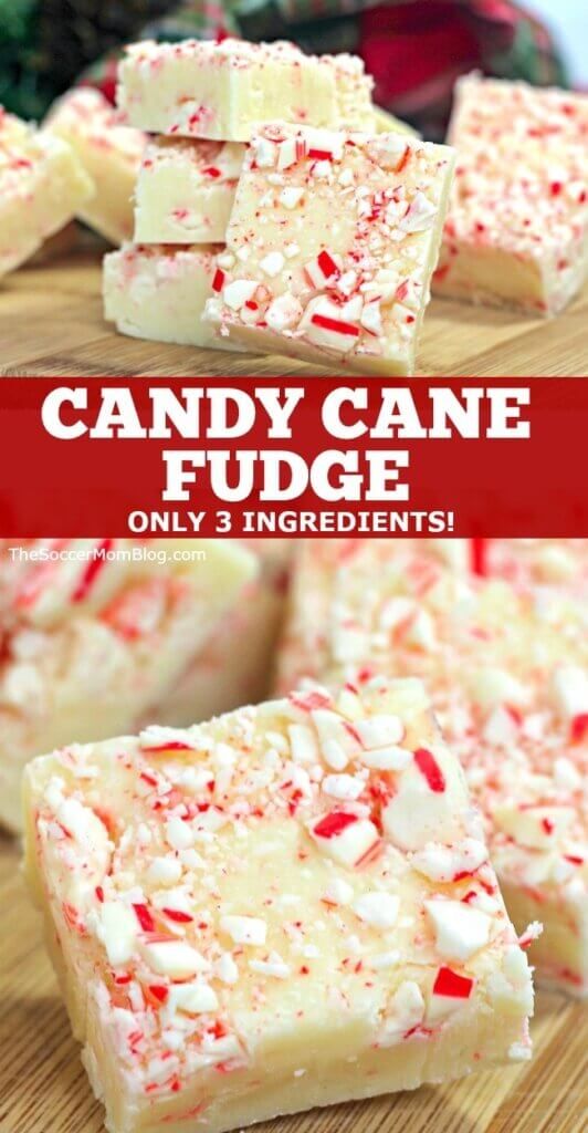 some candy cane fudges are stacked on top of each other and the text overlay reads, candy cane fudge only 3 ingredients