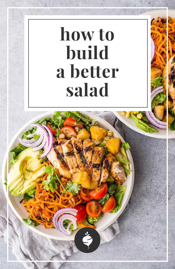 two bowls filled with chicken and vegetables on top of a white tablecloth next to the words how to build a better salad