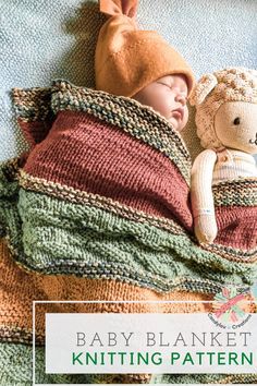 a baby is wrapped in a blanket with a teddy bear on it and the text, baby blanket knitting pattern