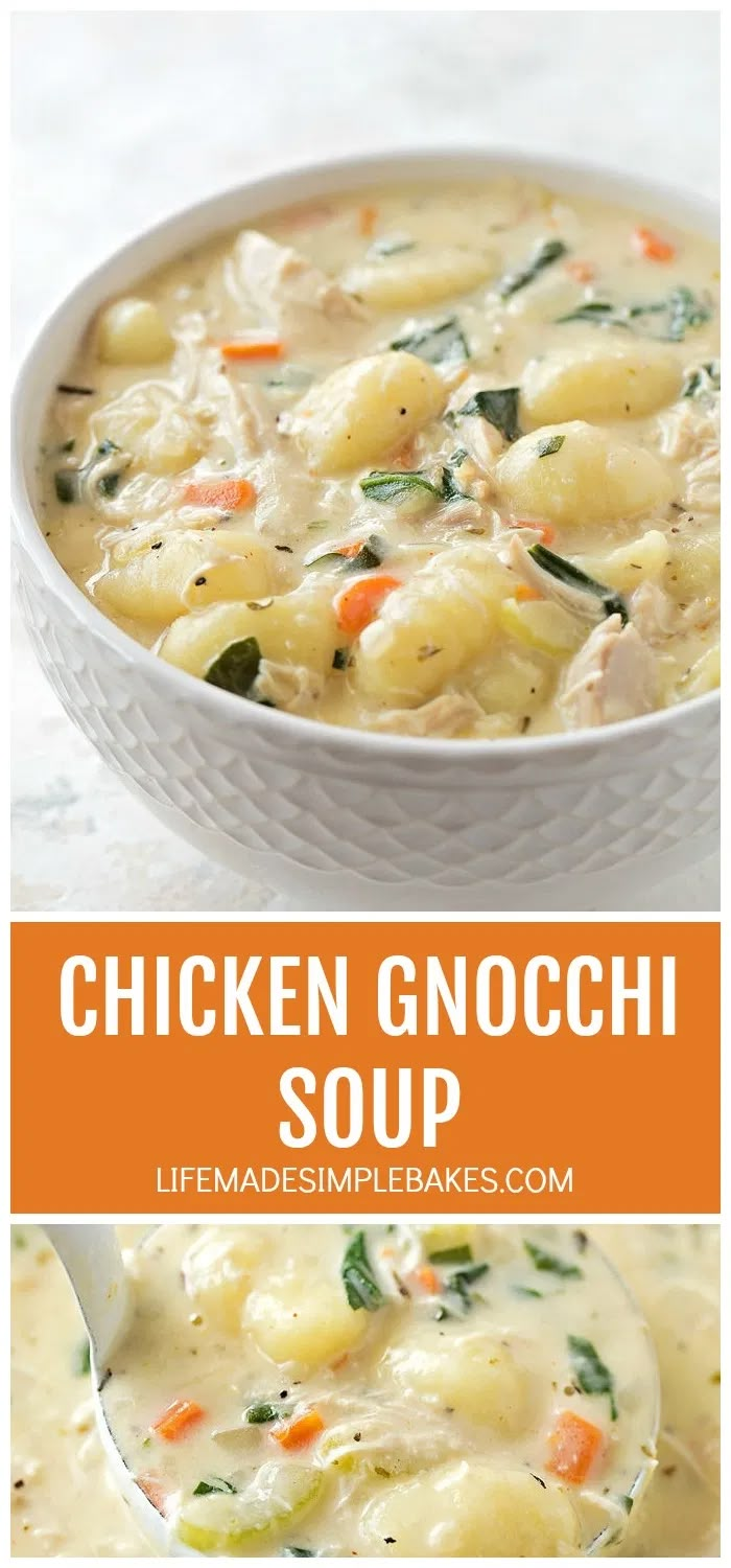 chicken gnocchi soup in a white bowl with a spoon