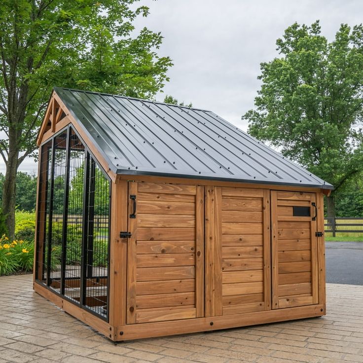 a small wooden shed sitting on top of a brick floor next to trees and bushes