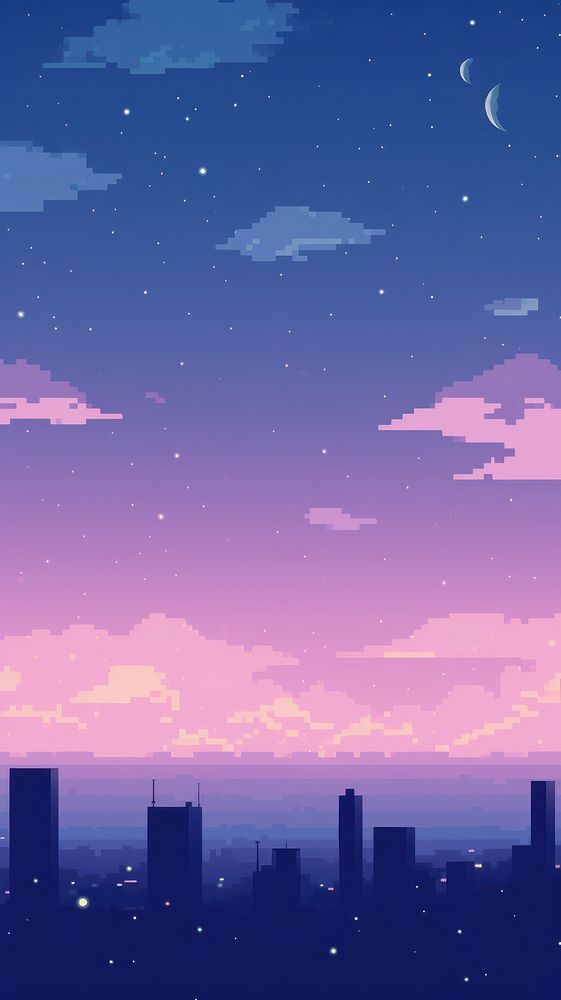 the night sky with clouds, stars and moon in pixel art style over cityscape