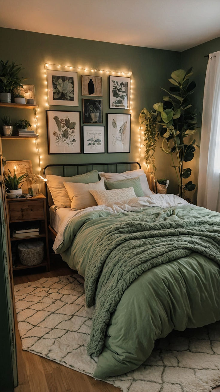 a bedroom with green walls and lights on the headboard