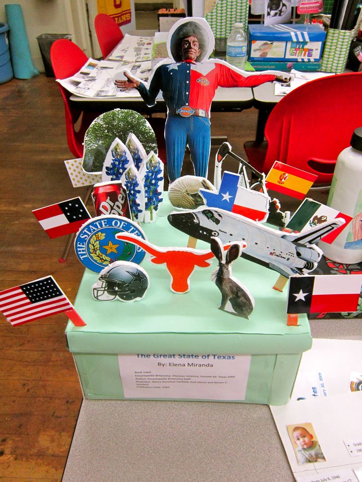 a box that has various items on it in the shape of a man standing next to an american flag