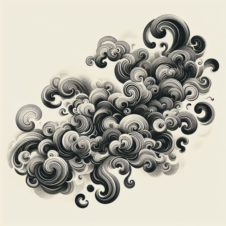 black and white drawing of clouds in the sky with swirls coming out of them