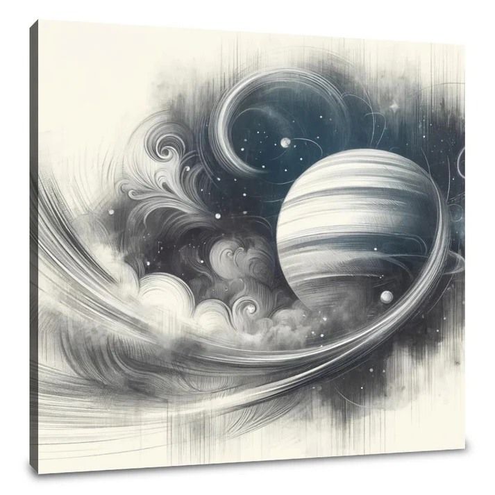 an artistic black and white painting with saturn