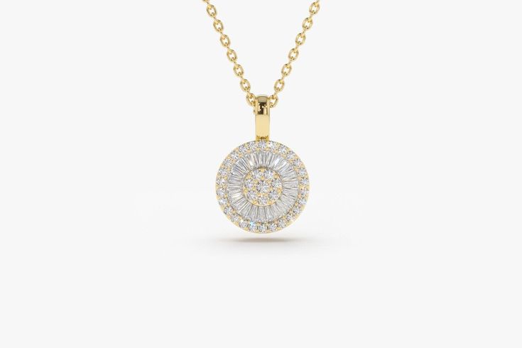 "Diamond Necklace / 14k Gold Baguette Diamond Disc Cluster Necklace / Baguette Diamond Necklace / Rose Gold, White Gold by Ferkos Item Details ✔ Made to Order ✔ Gold Kt: 14K (also available in 18K) ✔ Available Gold Color: Rose Gold, Yellow Gold, White Gold ✔ Diameter of Disc: 9MM ✔ Round Diamond: 34 pcs 1.0 MM ✔ Baguette Diamond: 17 pcs 2.2x1.3x1 MM ✔ Total CTW: 0.44 Ctw ✔ Diamond Color-Clarity: G Color SI Clarity ✔ Ready to Ship in 7-10 Business Days If you have any additional questions about t Baguette Cut Yellow Gold Diamond Necklace For Wedding, Baguette Cut Yellow Gold Diamond Wedding Necklace, Wedding Yellow Gold Baguette Cut Diamond Necklace, Yellow Gold Diamond Necklace With Baguette Cut Diamonds, Luxury Yellow Gold Diamond Necklace With Baguette Diamonds, Luxury 14k Gold Baguette Cut Diamond Necklace, Luxury 14k Gold Baguette Diamond Necklace, Elegant Baguette Diamond Necklace In Yellow Gold, Yellow Gold Baguette Jewelry For Evening